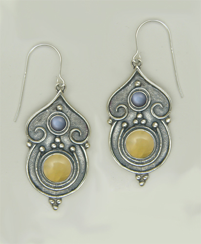 Sterling Silver Gothic Inspired Drop Dangle Earrings With Yellow Jade And Grey Moonstone